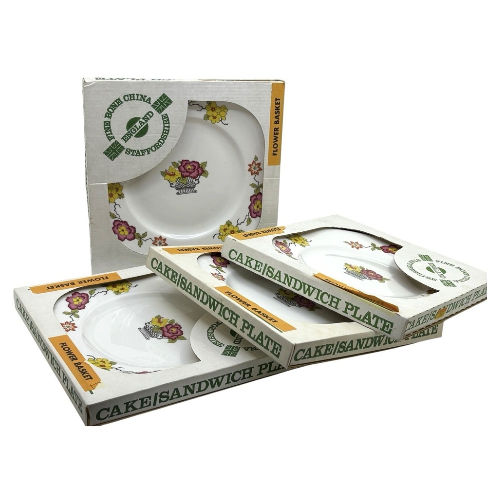 Vtg Set 4 Staffordshire Flower Basket Plates England Gold Rim W Box Read*